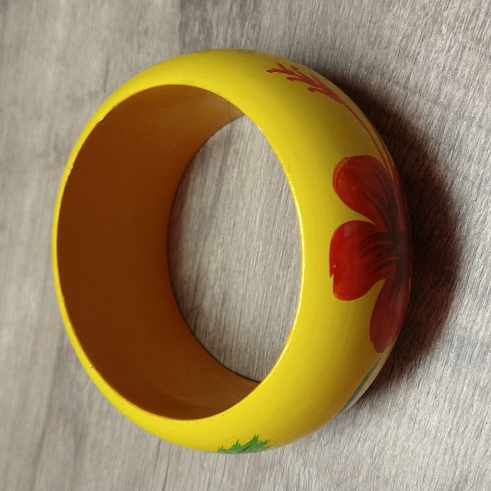 Red Poppy, Green Leaves Yellow Resin Bracelet. Slides on